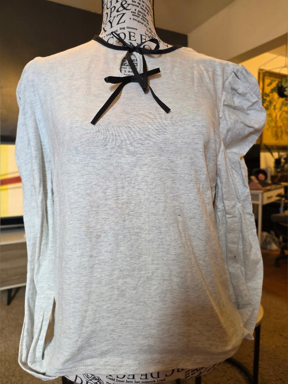 Light Gray Long-Sleeve Blouse with Black Ribbon Neck Tie
